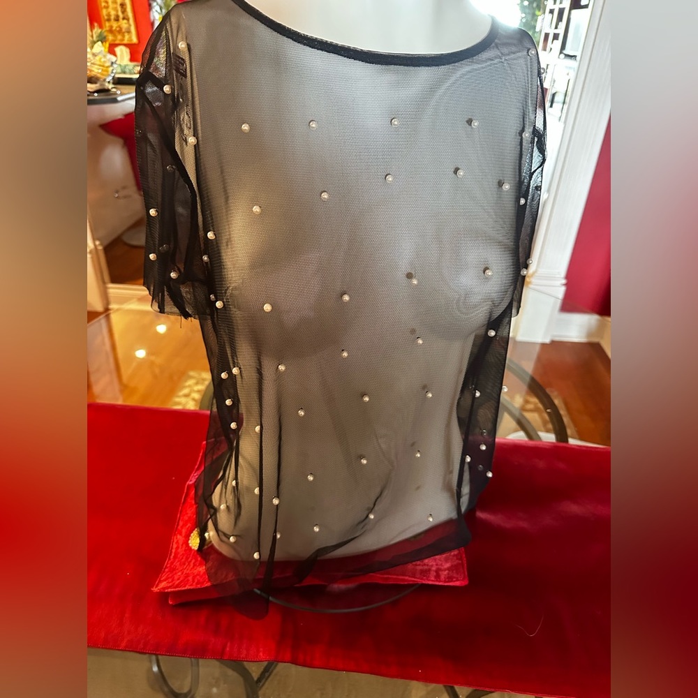 CALLIOPE BLACK WOMEN’S PEARL SHEER MESH SHORT SLEEVE TOP SIZE L